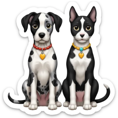 Harlequin great dane dog sitting with a black and white cat sticker