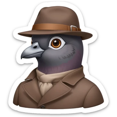 Pidgeon spy in a brown coat and with a hat sticker