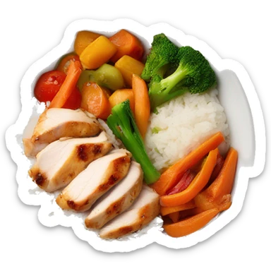 chicken breast and veggies with rice bowl with sauce sticker