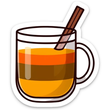 small transparent glass with layered carajillo - yellow-orange liquor visible at bottom, coffee layer on top, with cantaloupe melon slice alongside sticker