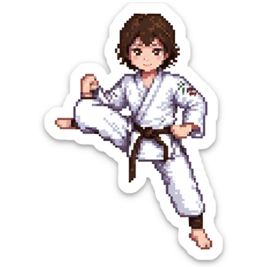 white skin adolescent with very short brown hair and brown eyes practicing martial arts sticker