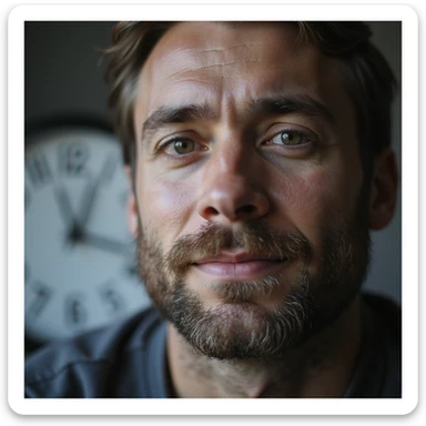 hyperrealistic 4K close-up of a man's face with slightly unshaven beard, slightly tired but bright eyes, hint of a smile, minimalist environment, clock in the background showing 23 hours sticker
