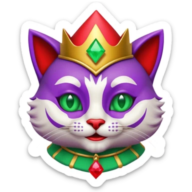 crazy colorful cute little cat jolly joker from poker, medieval, vintage, court jester, mac os icon, purple, gold and red color, half body, emerald green ice eyes. Squared shape as 3D mac os icon, symmetrical sticker