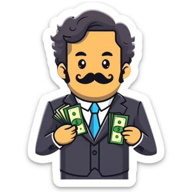 Finance broker with enormous curly mustache, business suit, dollar sign eyes, holding money sticker