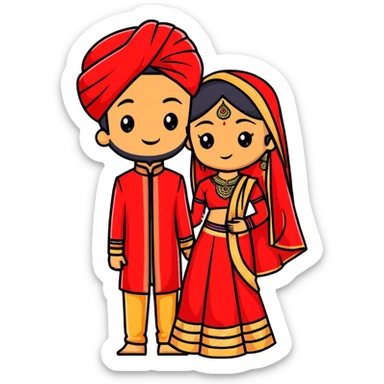 Indian bride and groom on their wedding day, bride in decorative red wedding outfit with gold details, groom in elegant sherwani, both fair-skinned, groom has no facial hair sticker