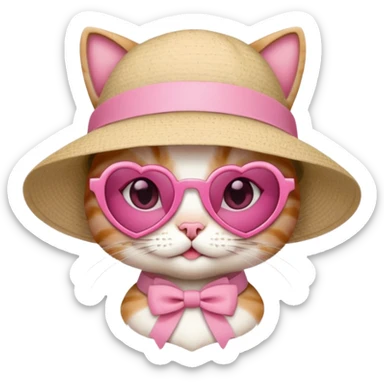 Cat wearing pink love heart sunglasses wearing beige sunhat with pink ribbon coquette  sticker