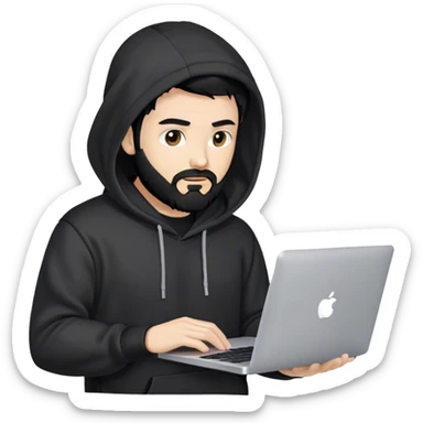 hackeur blanc cheveux noir barbe et capuche noir avec un macbook sticker