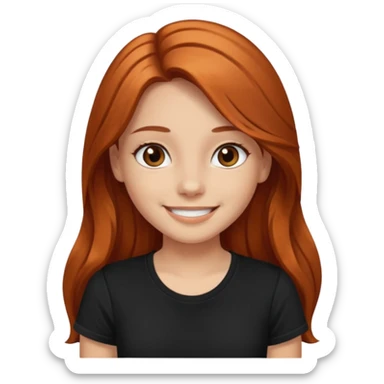 Medium copper long hair  girl  with dark brown eyes wearing a black tee sticker