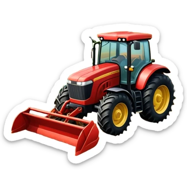 An icon representing a farming simulator, with a detailed tractor plowing fields under a bright sky with bright rural landscape. The design includes farming tools, crops and barns, symbolizing the immersive experience of managing a farm. Transparent background. sticker