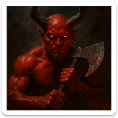 a realistic devil with horns and red skin, gripping a large axe, intense atmosphere sticker