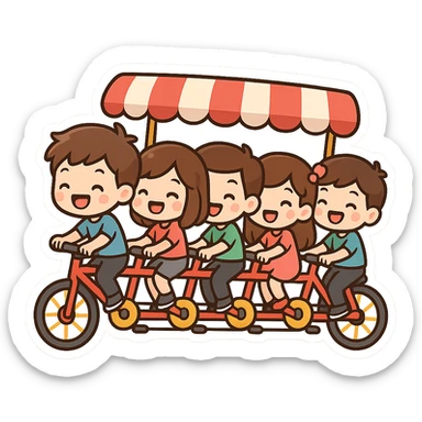 cartoon-style 5-seater bike with exaggerated features and bright colors, all five riders smiling and having fun sticker