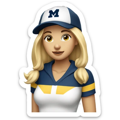 Blonde girl with blue eyes wearing University of Michigan hat sticker