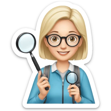 Happy woman in her 40s with glasses, sporty outfit, backpack, holding only one magnifying glass in one hand sticker