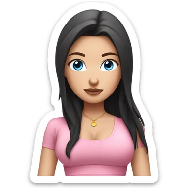 white girl blue eyes with long black hair, sitting in a lotus position, wearing pink bra top and white short skirt sticker