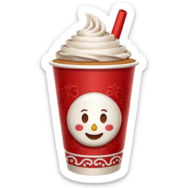 3D emoji of a festive paper cup from the Moscow Red Square Christmas fair. The cup features traditional Russian red and white ornaments. Steam is rising from the top, with a cinnamon stick and a small gingerbread man cookie peeking out. Glossy paper texture, soft 3D render, sticker