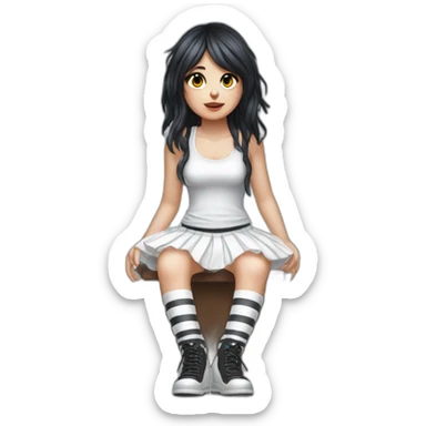 Hyperrealistic Frontal view curvy emo girl sits white skirt striped stockings hands up sticker