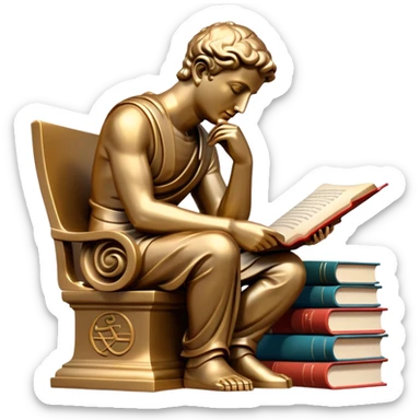 An icon featuring a thinker statue, a scroll, symbolizing philosophy. The design includes books and abstract symbols representing deep thought and wisdom. Transparent background highlights the study of ideas, logic, and existential questions sticker