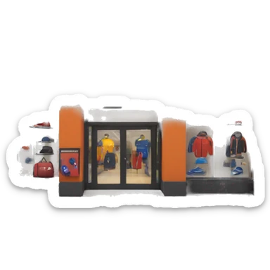 “Sports store exterior with a sleek design, large windows displaying athletic gear, bold signage, and an inviting entrance with modern doors.” sticker