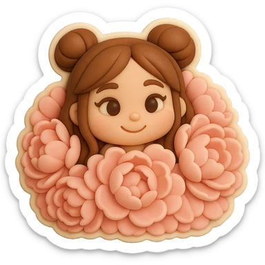 3D chibi fondant cake art style, high-quality rendering with smooth shadows and soft gradients. Girl based on reference image with preserved facial features and eye shape exactly as in the reference. Long brown hair in two space buns, brown eyes, thick white outline like a sticker, transparent background. Only her happy head peeks out from the very center of a huge, fluffy bush of soft pink peonies, petals almost completely surround her face. sticker