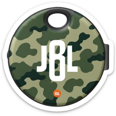 Most minimal JBL Clip 4 possible, flat circular design with clip, abstract green camo pattern, distinct JBL branding, iOS emoji style sticker