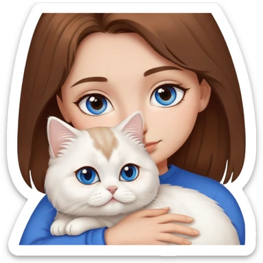 girl with brown hair, brown eyes cuddling a white persian cat that has blue eyes sticker