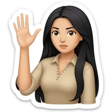 Hispanic woman with long hair, determined, one hand out motioning “no” sticker
