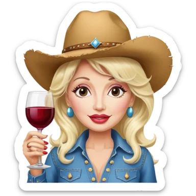 Dolly Parton with a huge glass of wine on a bachelorette trip and a cowboy hat and huge lips sticker
