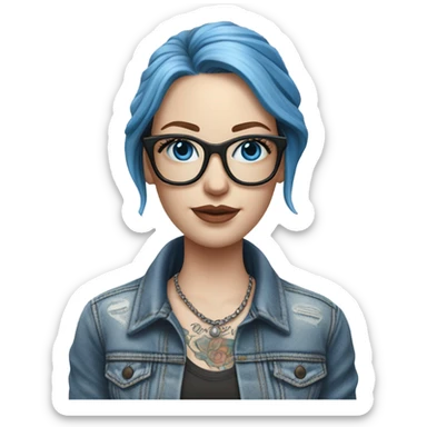 Create a Hyper Realistic pale beautiful tattooed 3D woman with glasses and blue eyes wearing denim jacket sticker