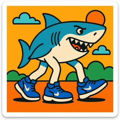 Tralalero Tralala, an Italian Brainrot character: a great white shark with three legs, wearing blue Nike shoes, vibrant cartoon style sticker