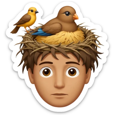 Man who has a birds nest on top of his head for hair sticker