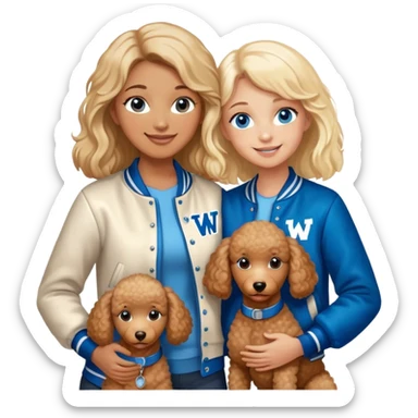 smiling mother in letterman jacket with W and Blue eyes, two Little girls Long blond straight hair and Blue eyes, one brown poodle puppie sticker