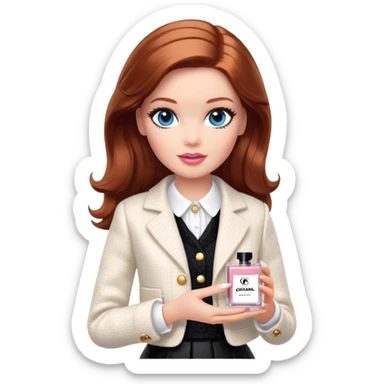A Barbie girl with blue eyes, shoulder-length reddish-brown hair with makeup, wearing a white tweed jacket and a black skirt is holding Chanel cream in her hand sticker