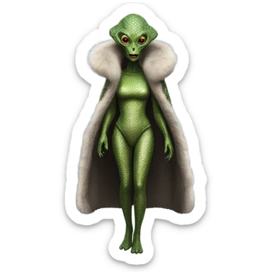 a Reptilian alien woman, in fur coat, full body sticker
