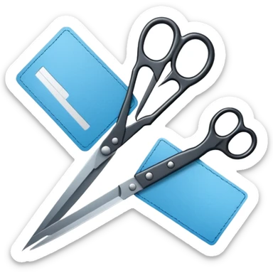 Floating black Scissors cutting a light blue military ID card in 2 parts .hyper realistic sticker