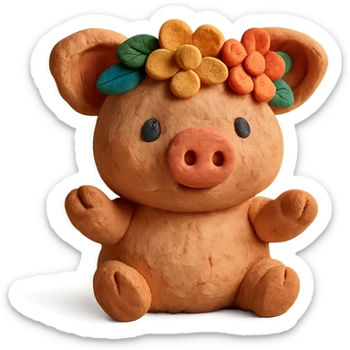playful and cute piglet with a flower crown, textured look, claymation style sticker