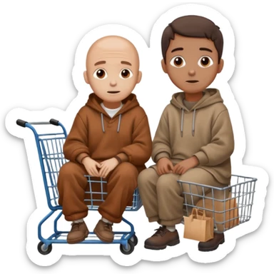 A man in oversized old clothes sat next to a shopping cart half body, looking around with gentle, hopeful eyes. sticker