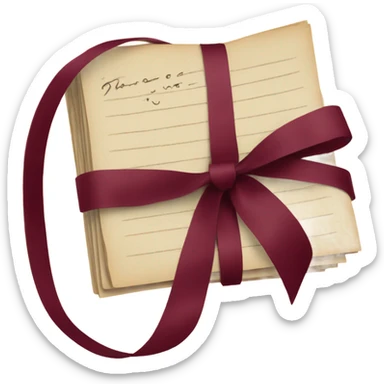 A stack of aged letters tied with a burgundy ribbon, surrounded by dark red pansies
 sticker