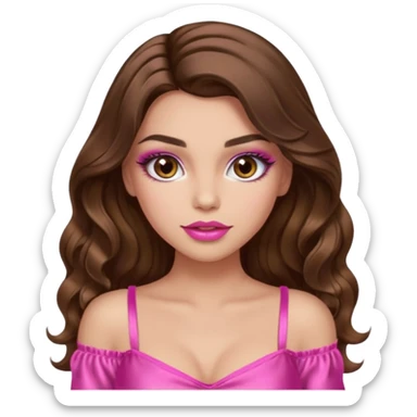 girl with long wavy brown hair, brown eyes, long lashes makeup, sexy pink lips, light to medium complexion, wearing a pink sexy top sticker