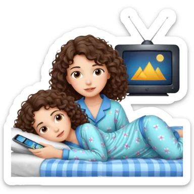 Draw a brunette girl with shoulder-length curly hair, lying on the bed watching TV.  sticker