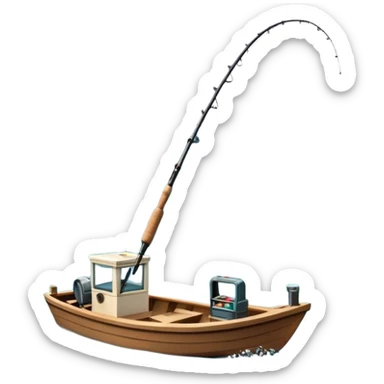 Icon for Fishing Travel: a boat on a calm lake surrounded by mountains and lush greenery, with fish jumping out of the water, a fishing rod, tackle box. The icon should capture the peaceful and adventurous nature of fishing trips. Transparent background. sticker