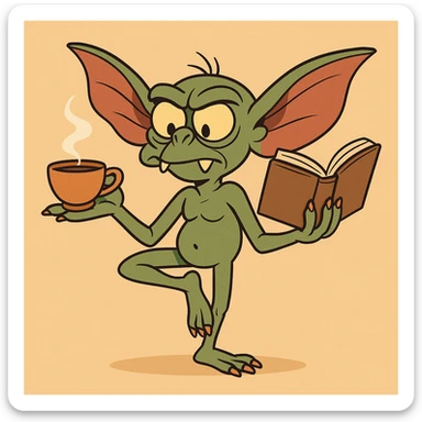 cartoon style gremlin with tea in hand, balancing in a yoga pose while reading a book sticker