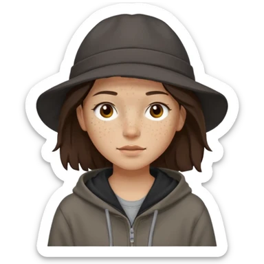 Hobo tomboy with light skin, freckles, shoulder-length center-parted dark brown hair. brown eyes, dark brown hoodie, grey shirt. Black flat brimmed hat sticker