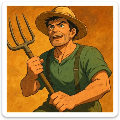 highly detailed illustration of a robust middle-aged farmer with sun-bleached face, black hair, strong jaw, furrowed brow, three-day beard, green trousers with suspenders, green T-shirt, straw hat, clutching rustic pitchfork, determined and excited, warm golden-brown textured background, bold lines, vibrant earth tones, dramatic lighting, rural America sticker