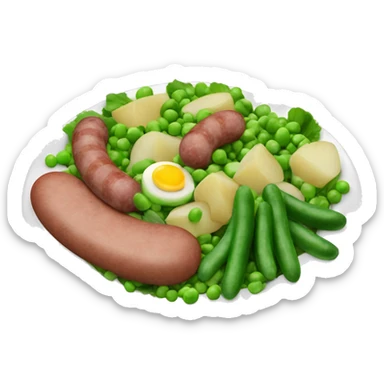 a plate of salad with green peas, pieces of sausage, potatoes and cucumber sticker