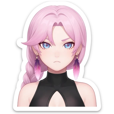 Citlali from Genshin Impact; Gorgeous beautiful pretty grumpy anime lady long-pale-whitish-pastel-pink-hair with one braid on each side, hanging gradient-purple-pink feather-ear-cuffs on each side in hair, black bodysuit covering neck, blue eyes, pink iris, ethereal, fashion aesthetic  sticker