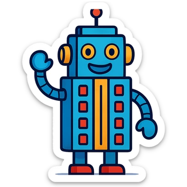 a smiling robot with a body shaped like a skyscraper sticker