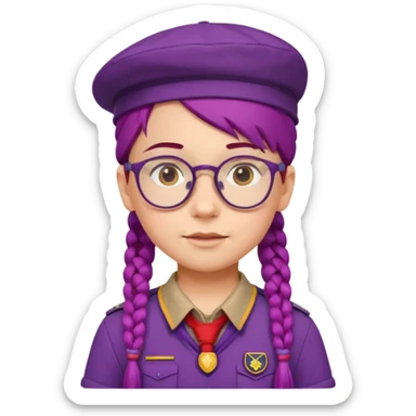 red uniform wearing scout kid with braids and glassess with hat purple haired sticker