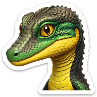 cinematic-realistic-cute-monitor-lizard-portrait-emoji,-head-tilted-playfully-and-inquisitively,-featuring-a-compact,-agile-body-with-finely-detailed,-glossy-scales-in-earthy-black and yellow-hues-and-a-distinct,-alert-face-with-bright,-curious-eyes, black , yellow spotted and green band  scales and a big long neck sticker