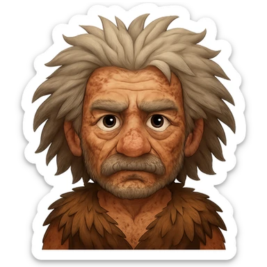 Make Albert Einstein as a caveman with wild hair look more primitive, with rougher clothing, messy hair, and a more rugged appearance, in emoji style with no background. sticker