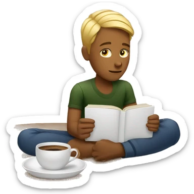A boy reading on a coffee table with a cup of coffee next to him sticker